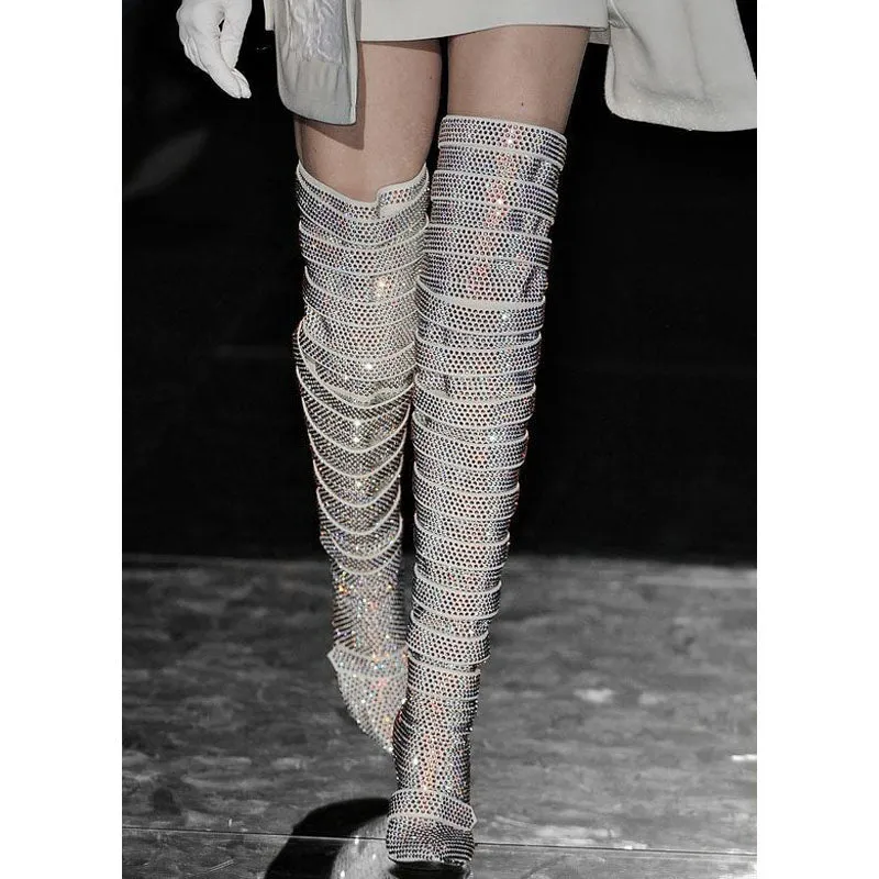 Fashion Rhinestone Buckles Pointed Toe Over Knee Boots