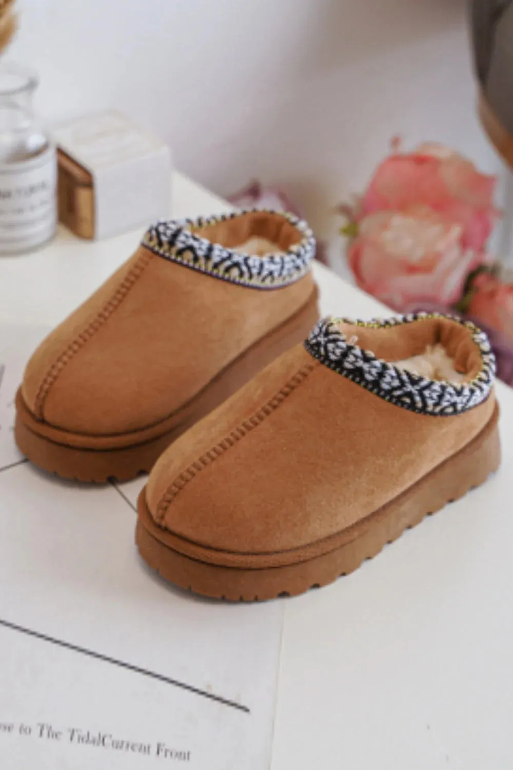 MINI KIDS ROBYN CHESTNUT PLATFORM EMBROIDERED ANKLE SLIPPER BOOTS